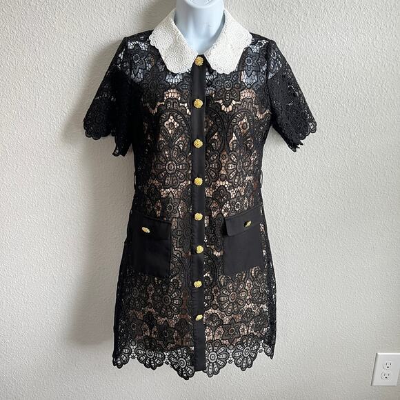 Peekskill Black Lace Collared Mini Dress Women's S Sheer Lined Button Front - Picture 2 of 8